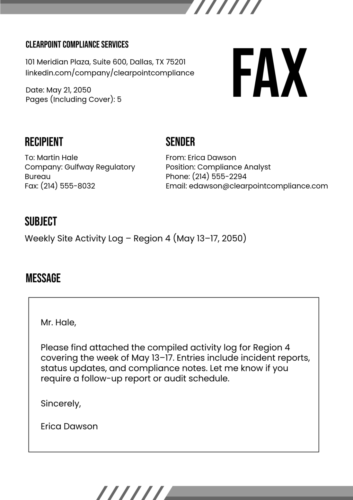 FREE Professional Log Fax Cover Page Template