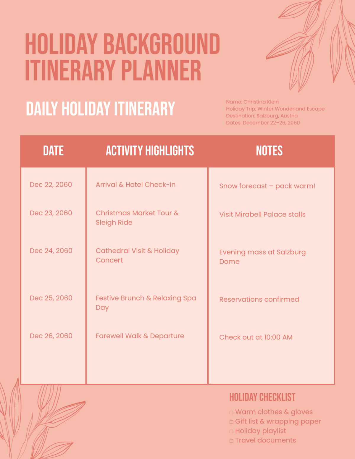 Free Holiday Background Itinerary Planner Template to Edit Online