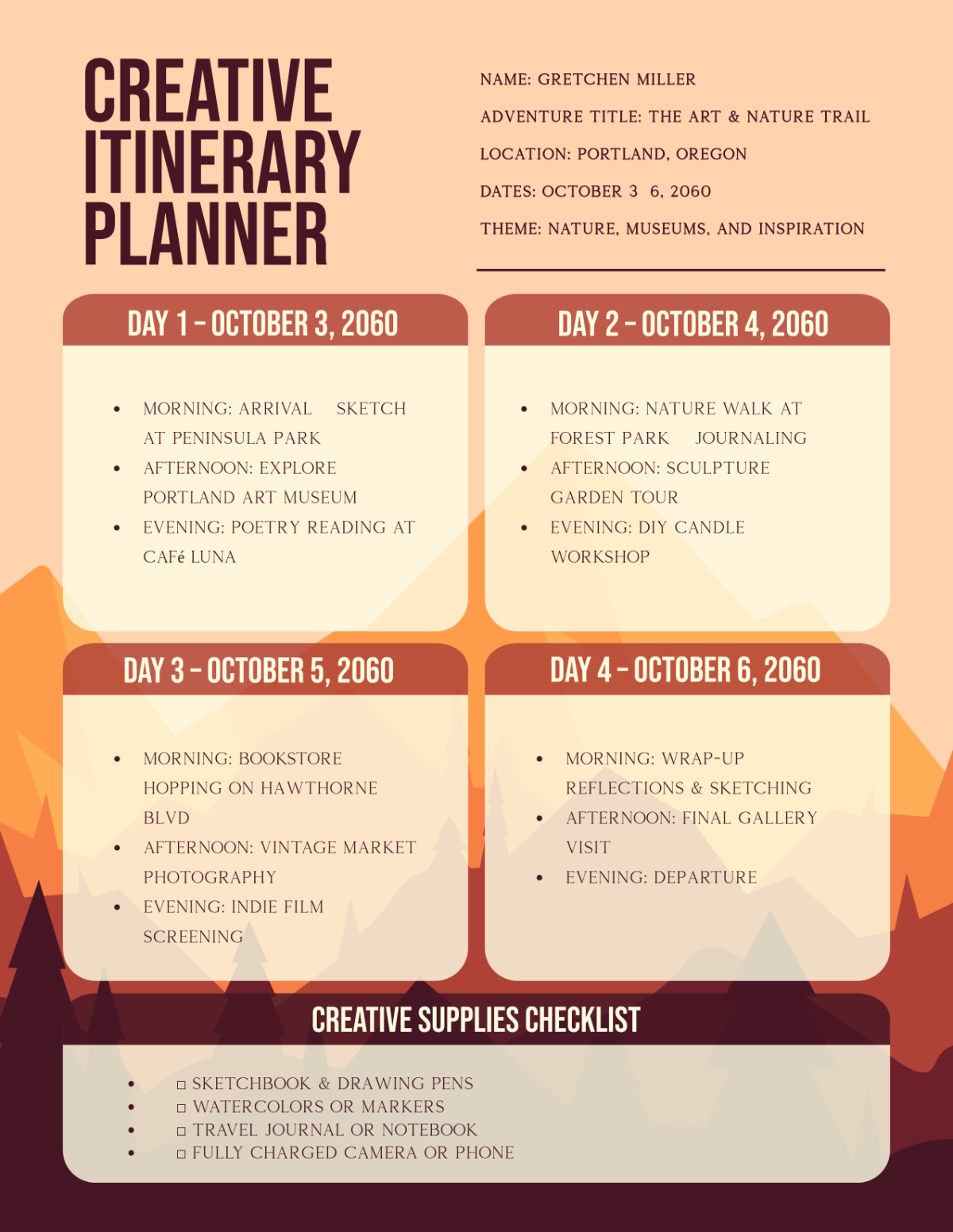 Free Creative Itinerary Planner Layout Template to Edit Online