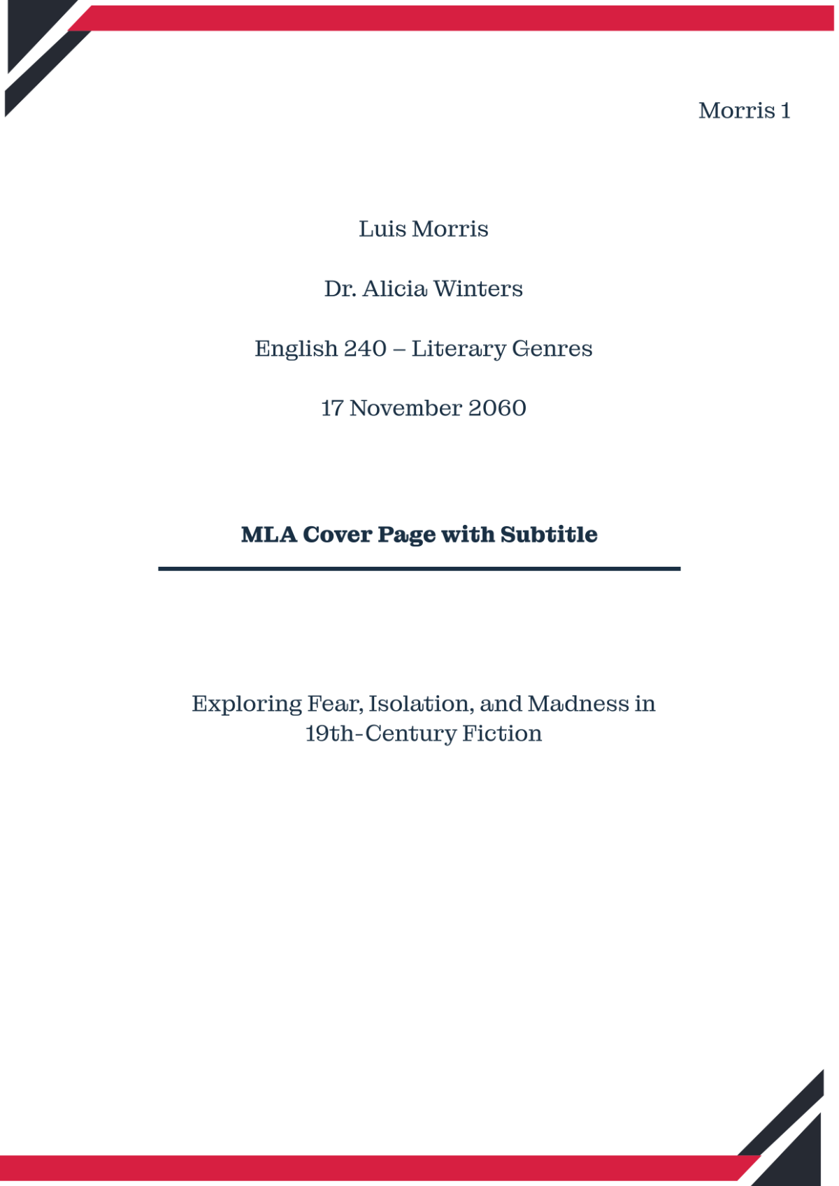 Free MLA Cover Page with Subtitle Template to Edit Online