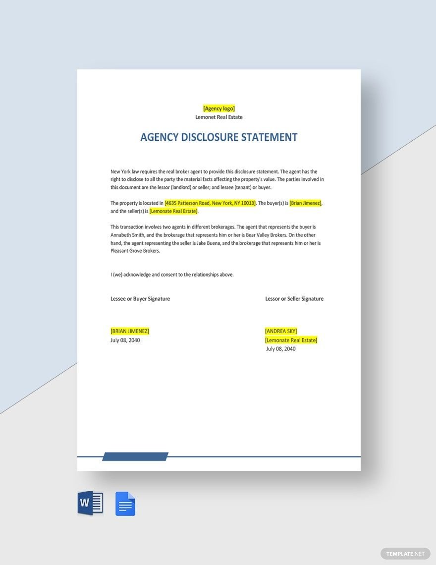 Agency Disclosure Statement Template in Word, Google Docs