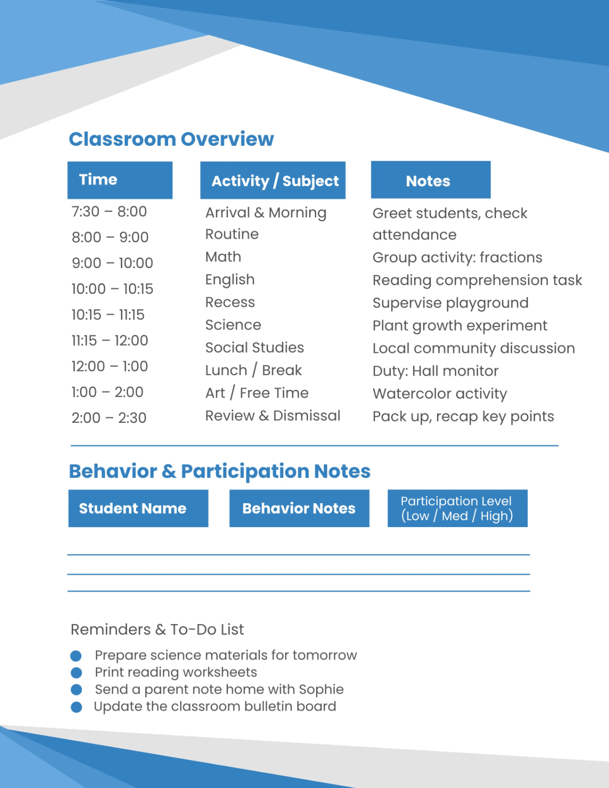Free Daily Classroom Management Planner Template to Edit Online