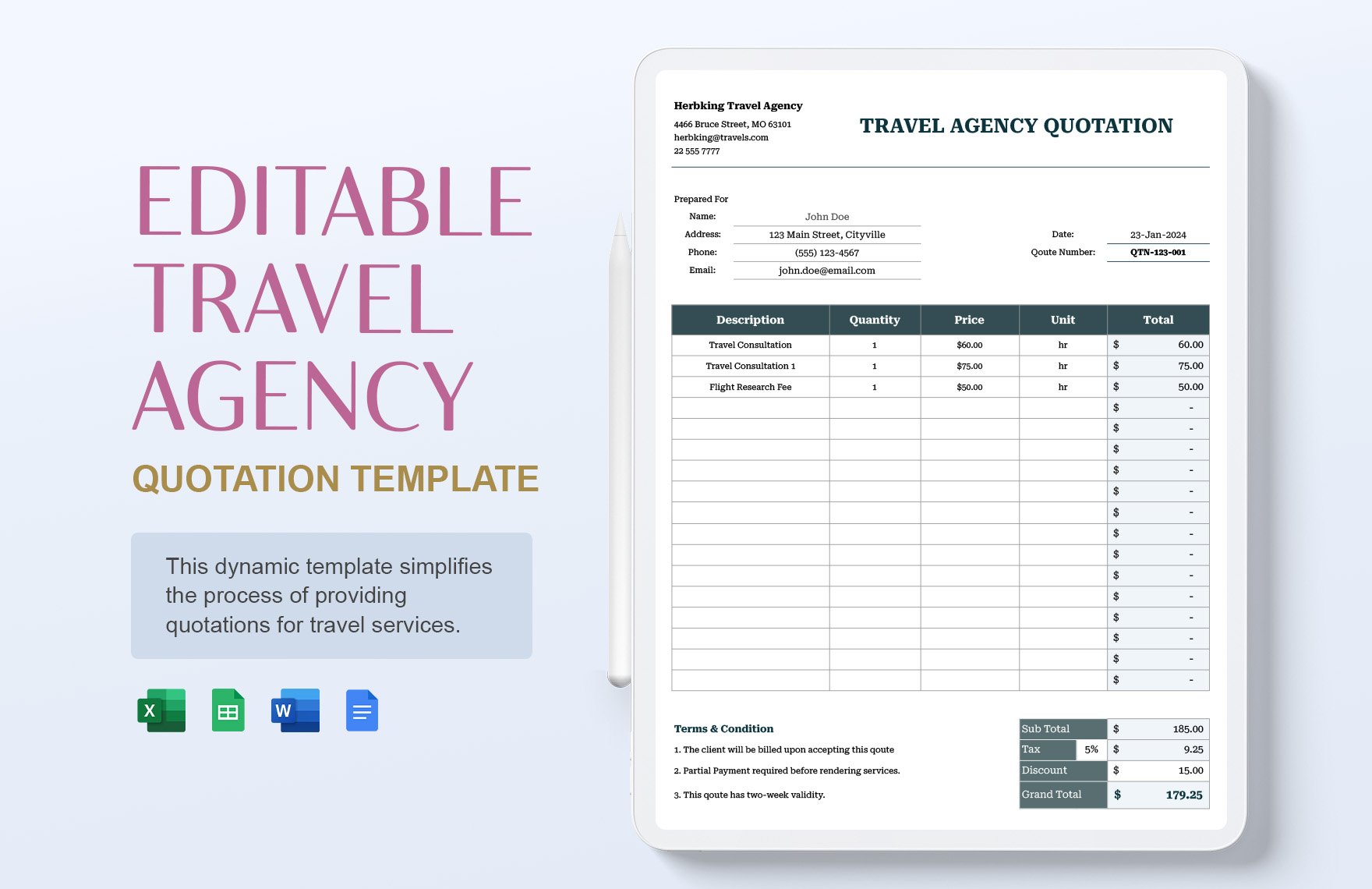 Editable Travel Agency Quotation Template in Word, Google Docs, Excel, Google Sheets