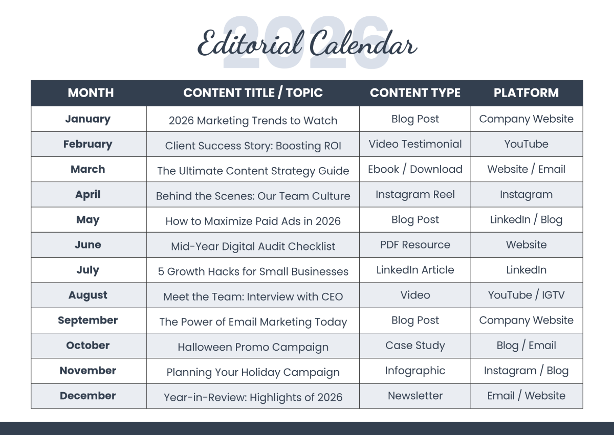 Free Blank 2026 Editorial Calendar Template to Edit Online