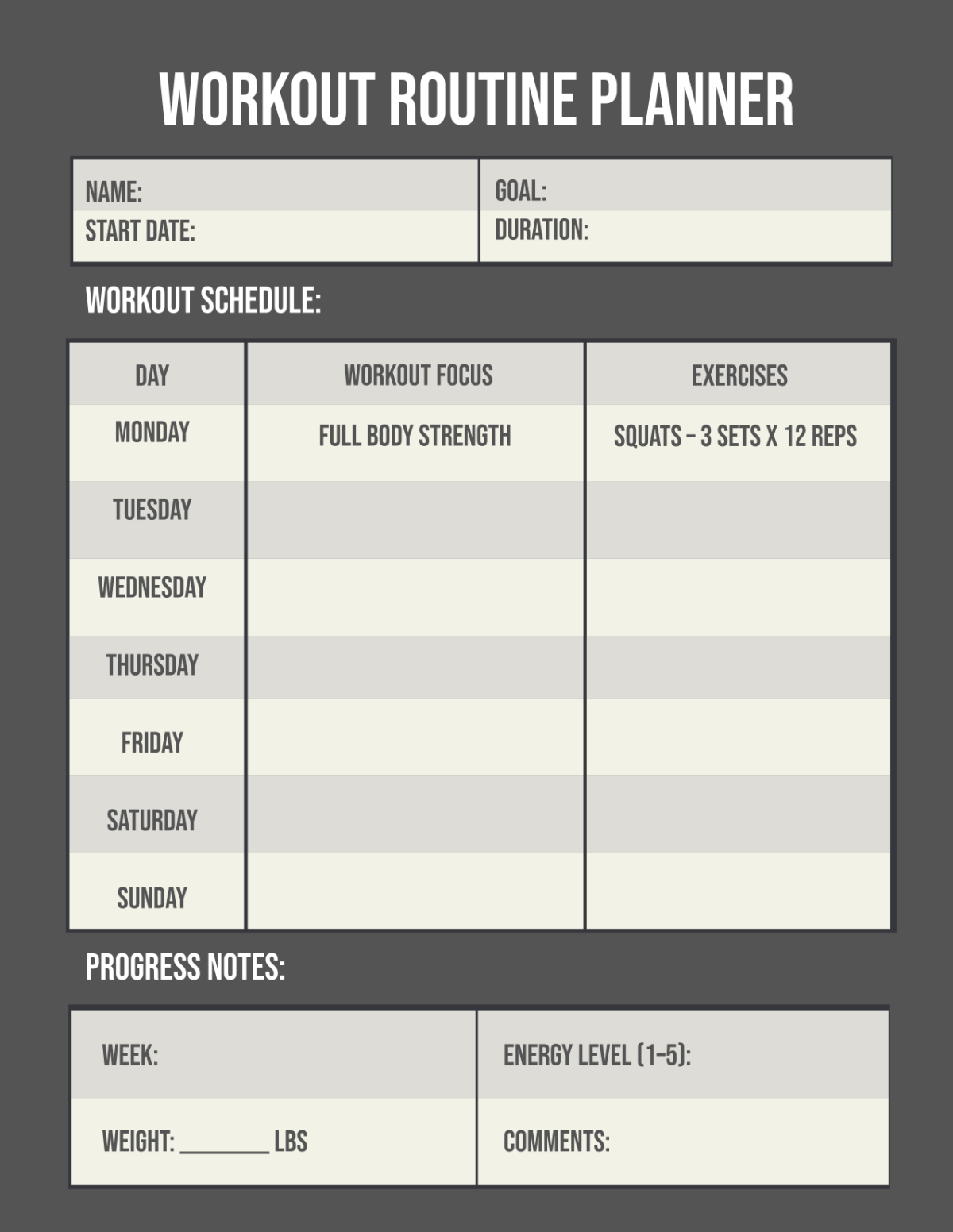 Free Workout Routine Planner Template to Edit Online