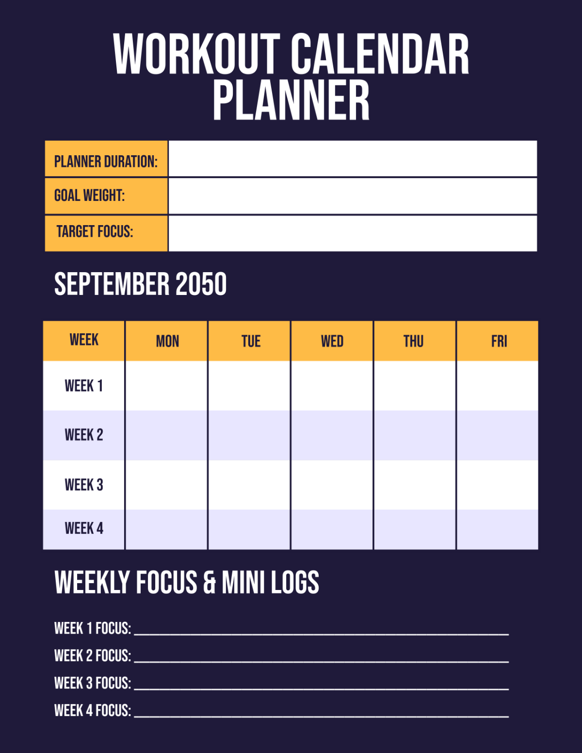 Free Workout Calendar Planner Template to Edit Online