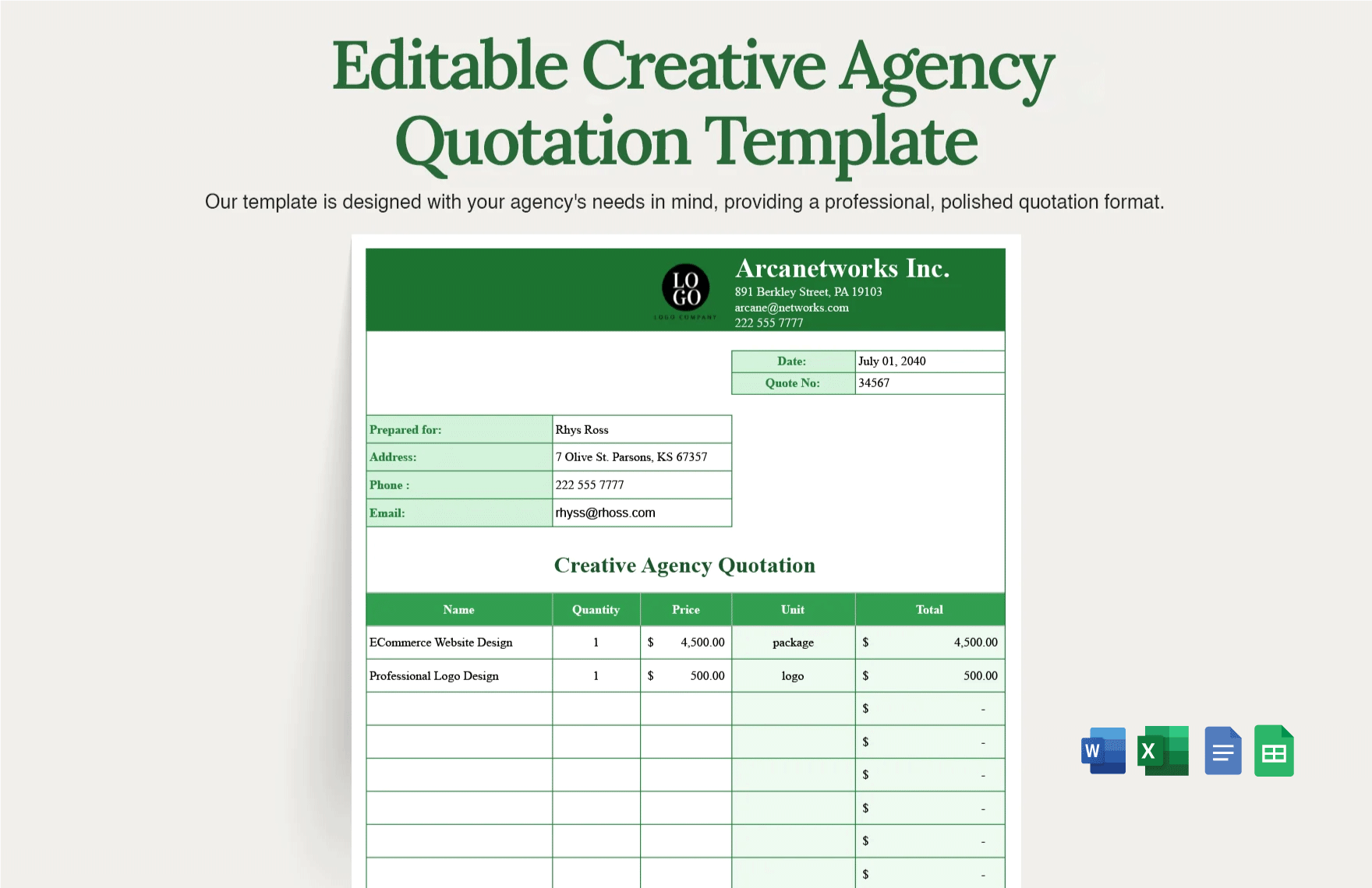 Editable Creative Agency Quotation Template in Word, Google Docs, Excel, Google Sheets