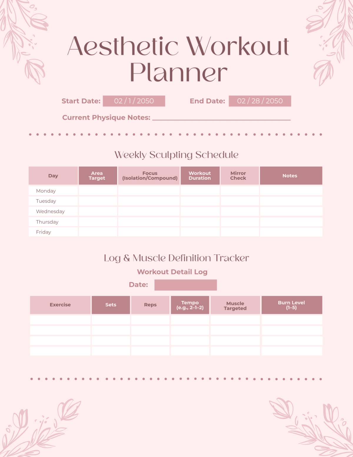 Free Aesthetic Workout Planner Template to Edit Online