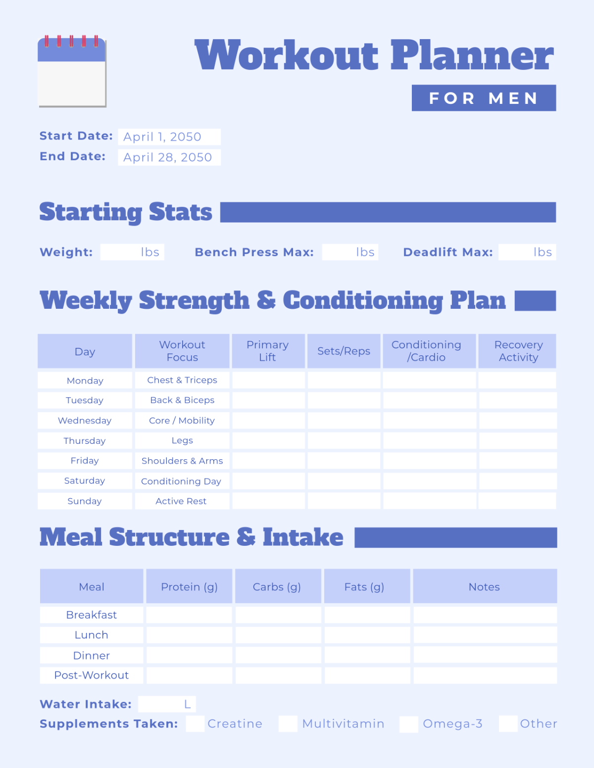 Free Light Blue Workout Planner for Men Template to Edit Online