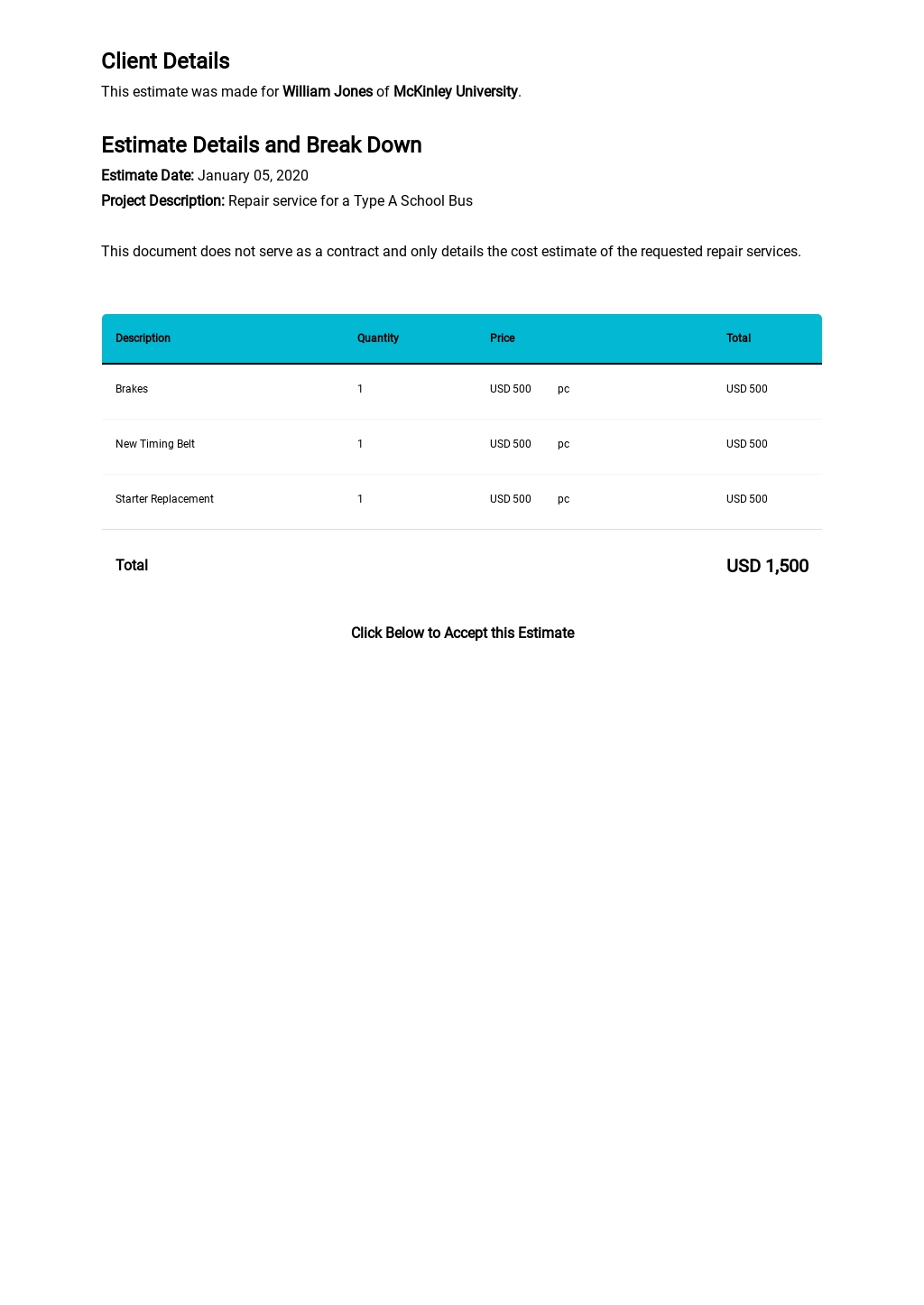 Auto Repair Estimate Template Excel, Word, Apple Numbers, Apple Pages