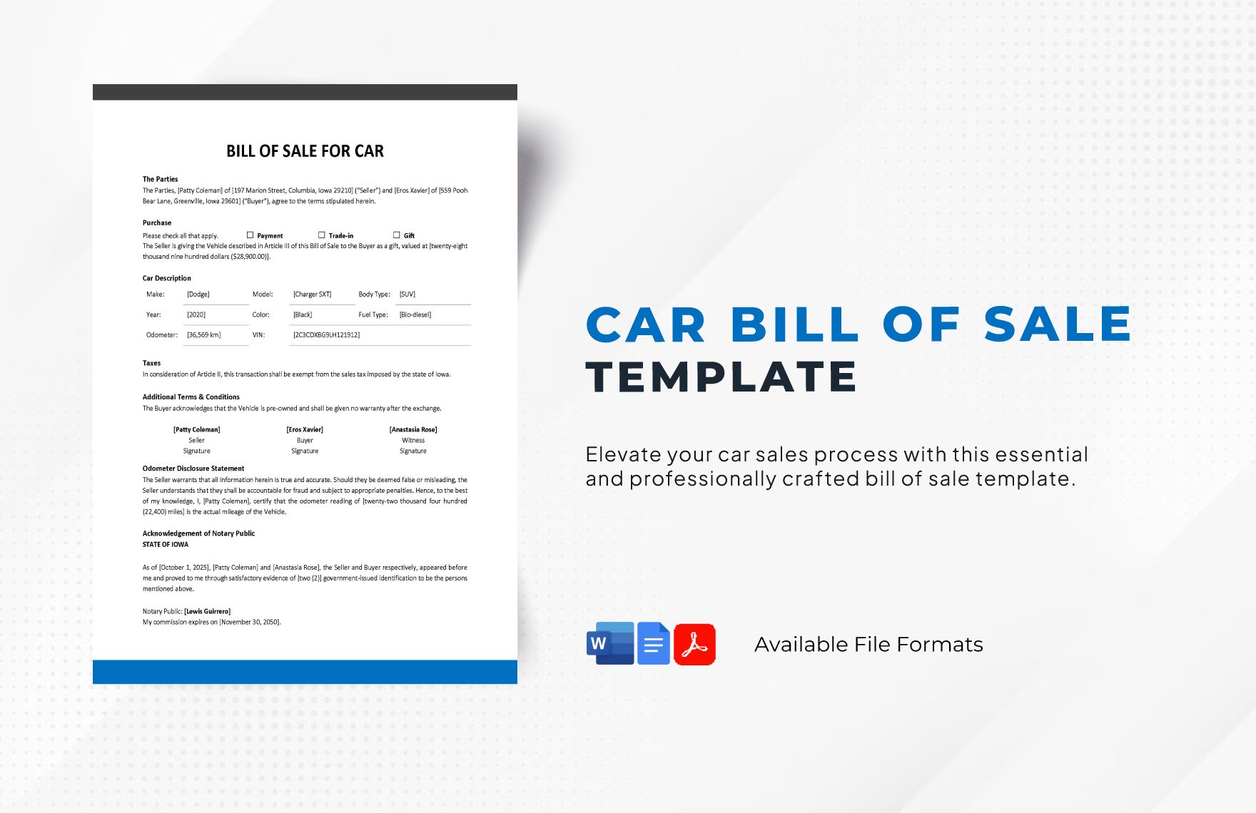 Car Bill of Sale Template in Word, Google Docs, PDF, Google Sheets