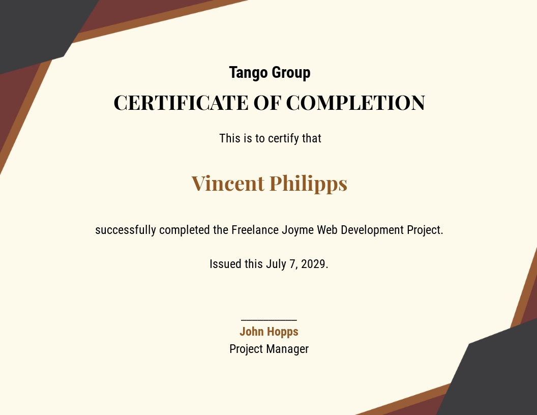 Project Work Completion Certificate Template - Word