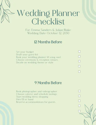 Free Wedding Colorful Planner Checklist Template to Edit Online