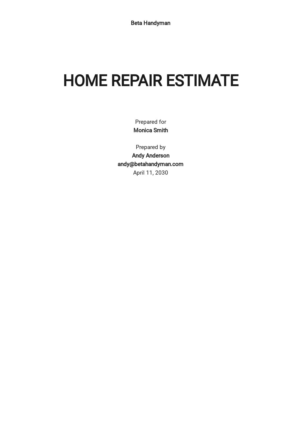 Home Repair Estimate Template [Free PDF] Word Excel Apple Pages