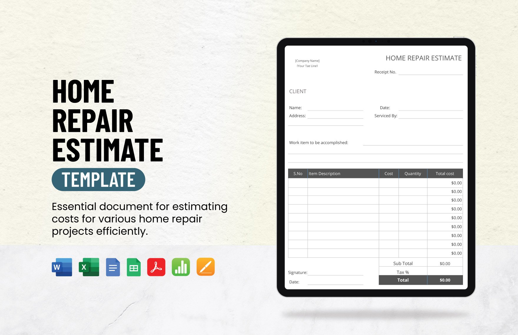 Home Repair Estimate Template in Word, Google Docs, Excel, PDF, Google Sheets, Apple Pages, Apple Numbers