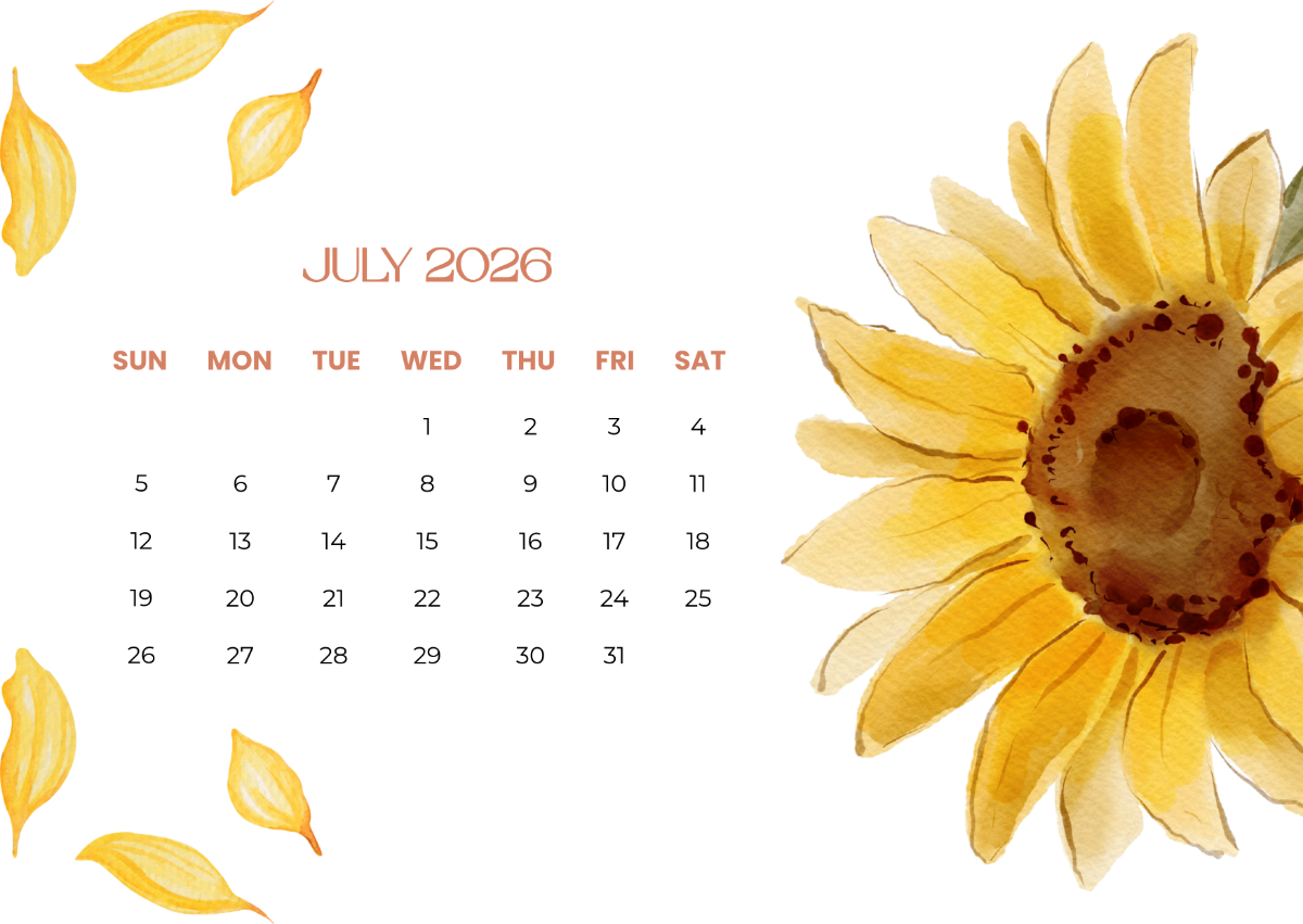 Sunflower July 2026 Calendar