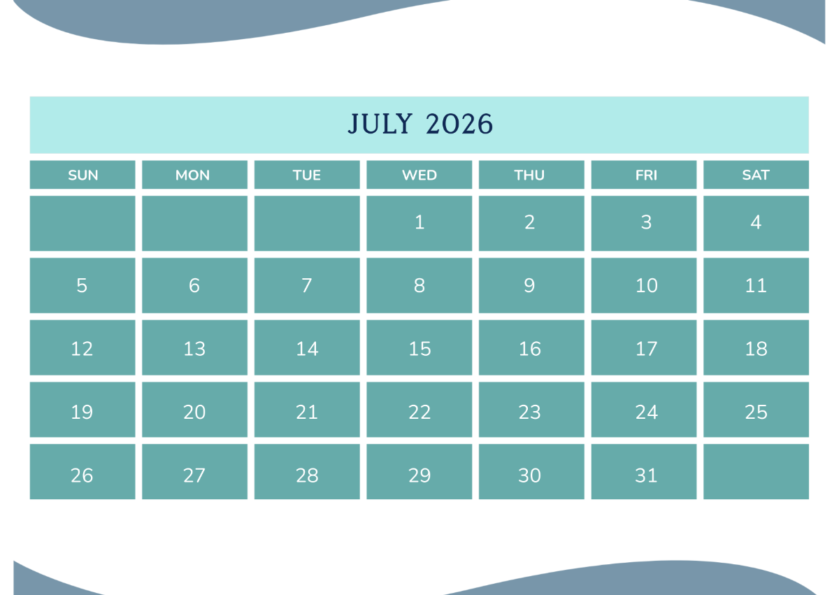 Landscape July 2026 Calendar Layout Template to Download