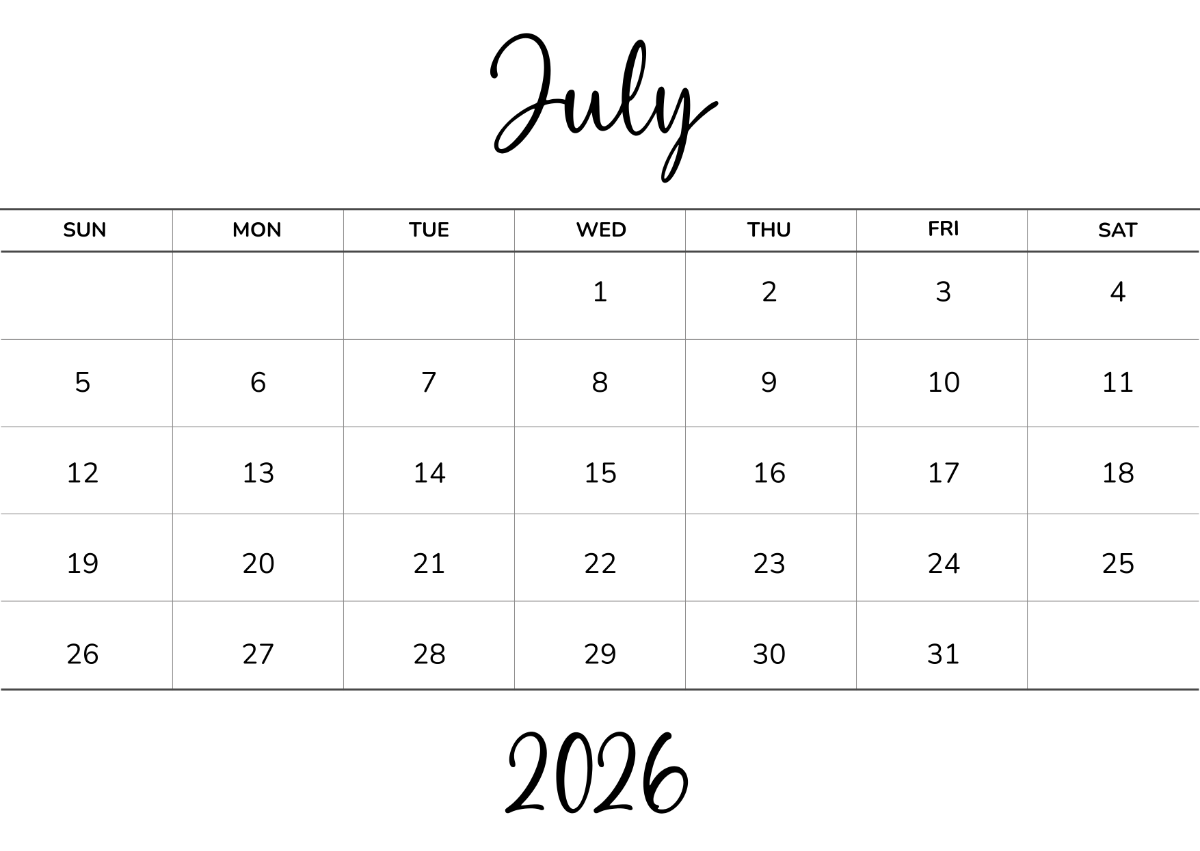 Minimalist July 2026 Calendar Design Template to Download