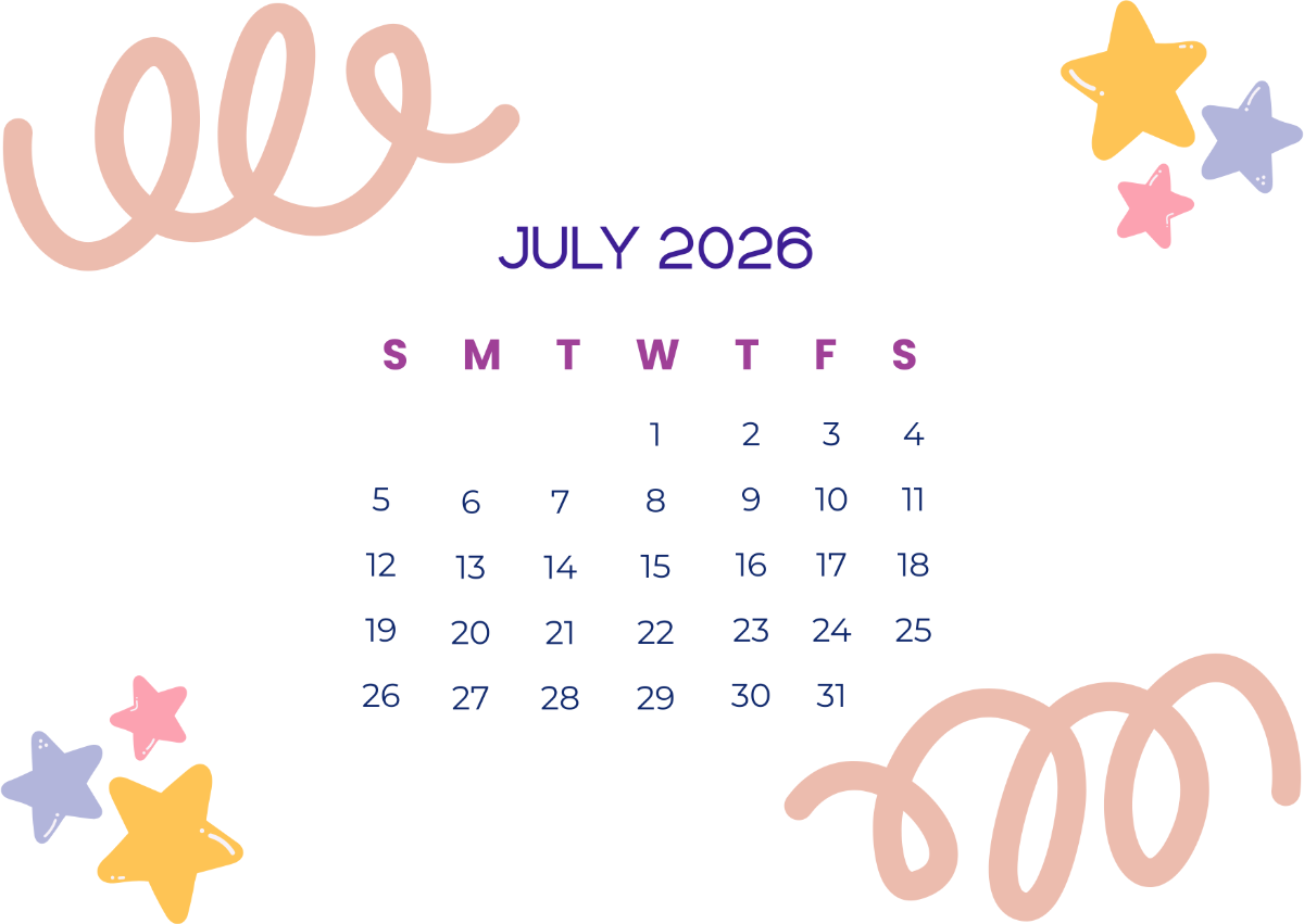 Cute July 2026 Calendar Template to Download