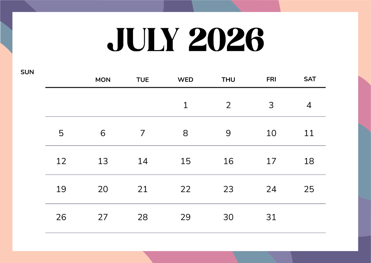 Abstract Background July 2026 Calendar Template to Download