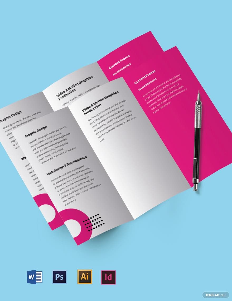 Free Creative Design Agency Tri-Fold Brochure Template in Word, Google Docs, Illustrator, PSD, Publisher, InDesign