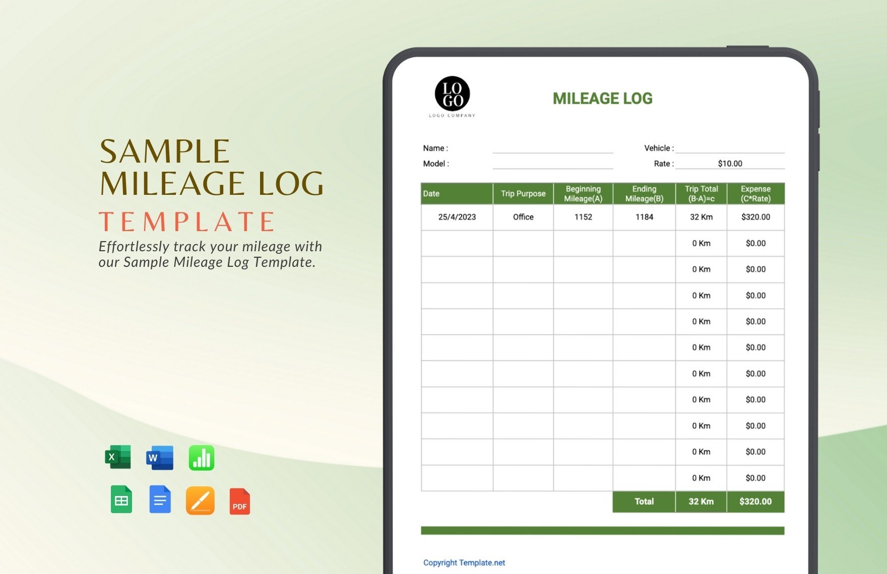 Sample Mileage Log Template in PDF, Word, Apple Numbers, Apple Pages, Google Docs, Excel, Google Sheets - Download | Template.net