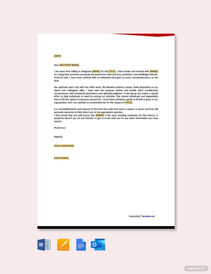 Letter Template of Recommendation for Award