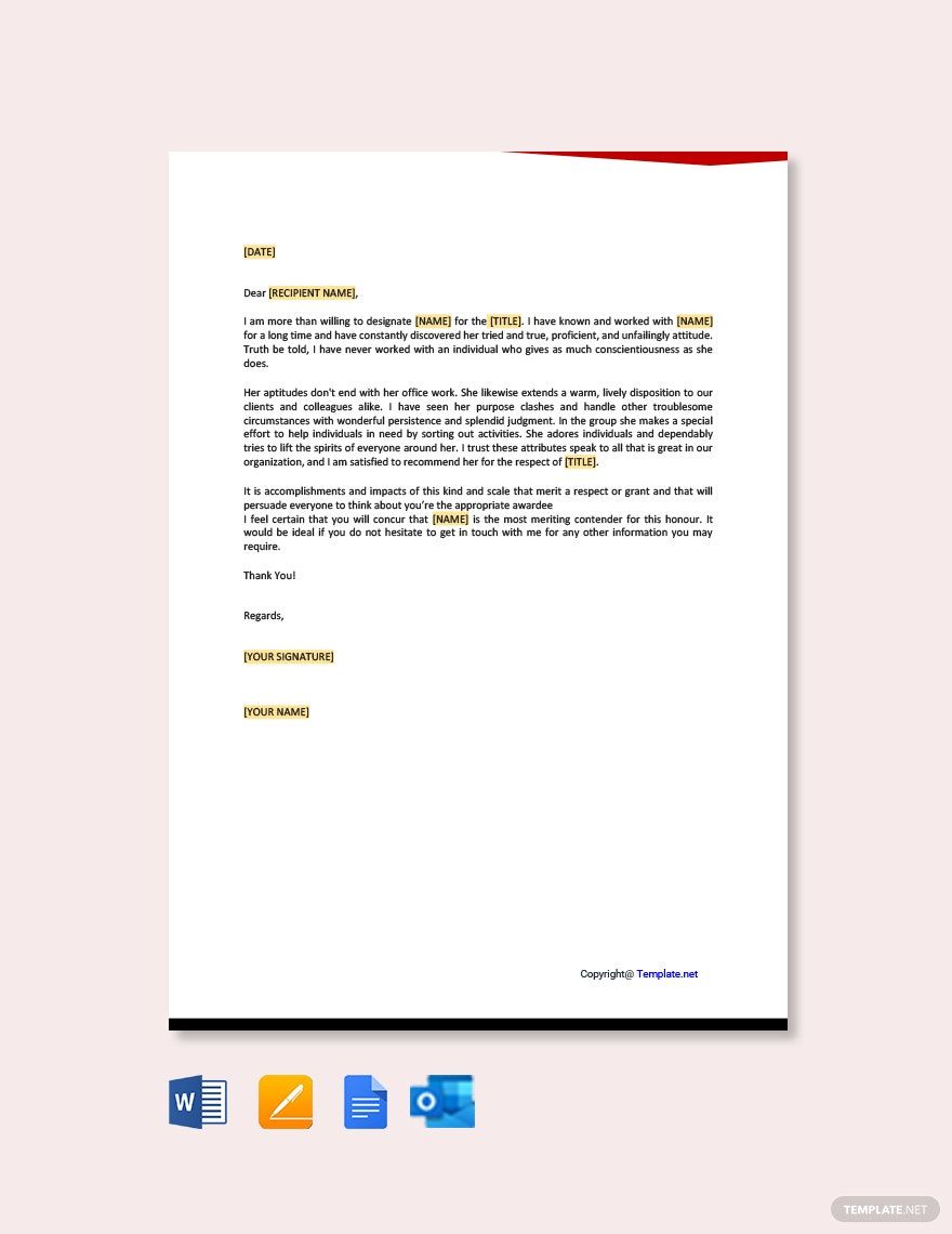 Letter of Recommendation for Award in Word, Google Docs, PDF, Apple Pages, Outlook