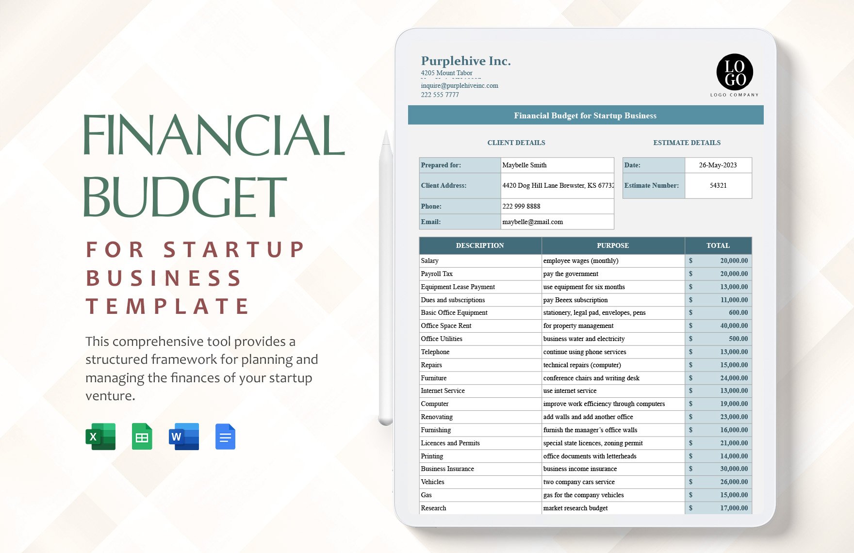 Financial Budget for Startup Business Template in Word, Google Docs, Excel, Google Sheets