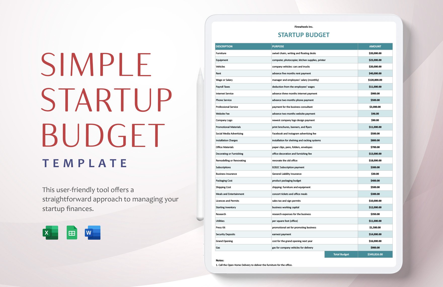 Simple Startup Budget Template in Word, Excel, Google Sheets