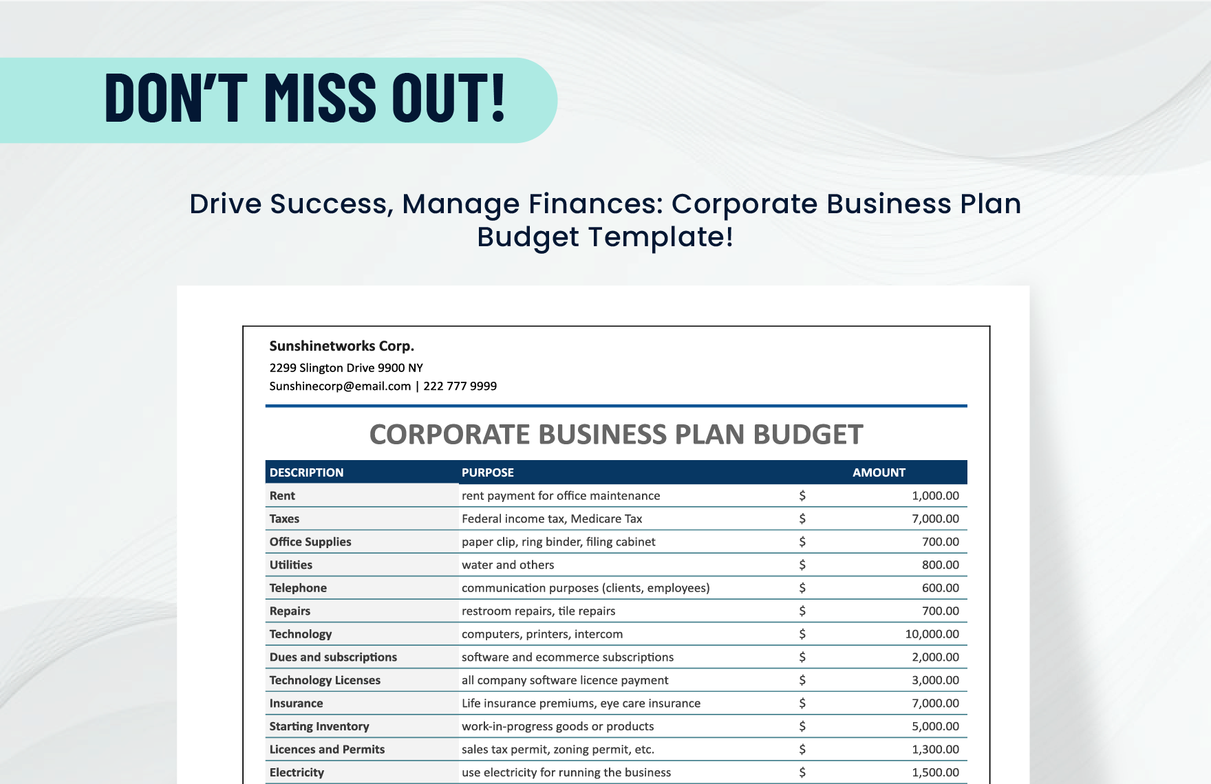 Corporate Business Plan Budget Template