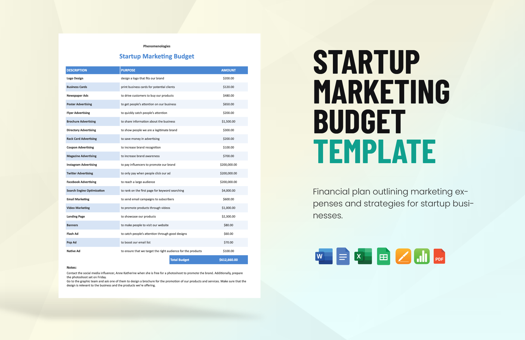 Startup Marketing Budget in Word, Google Docs, Excel, Google Sheets
