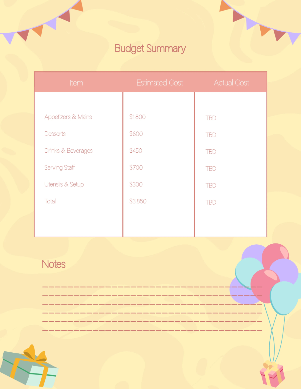 Free Birthday Catering Event Planner Template to Edit Online