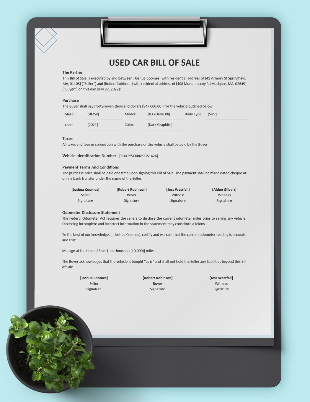 Used Car Bill of Sale Template