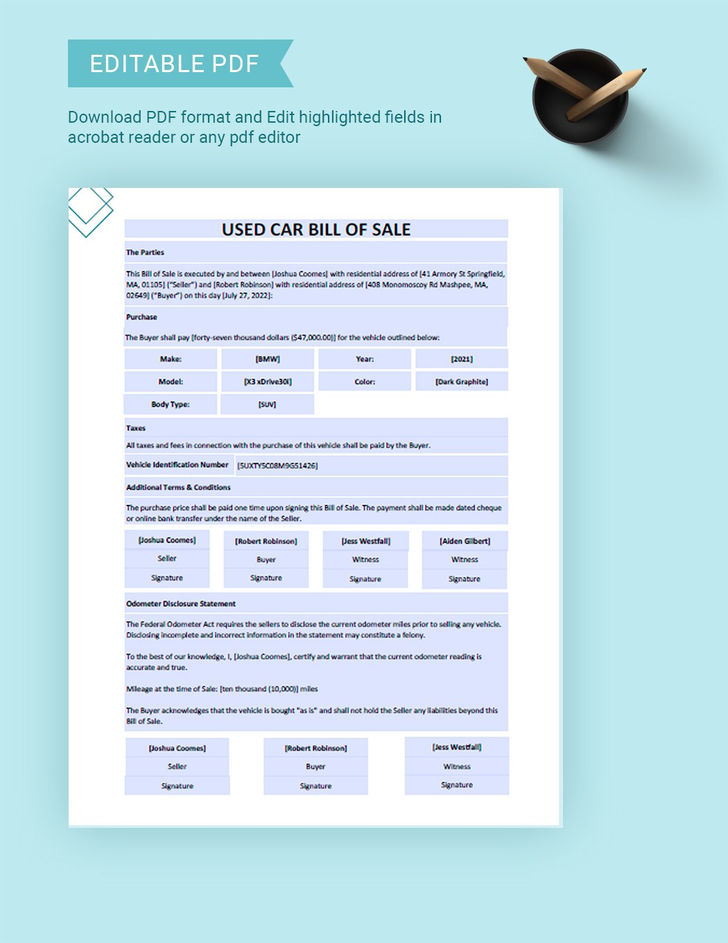 Used Car Bill of Sale Template