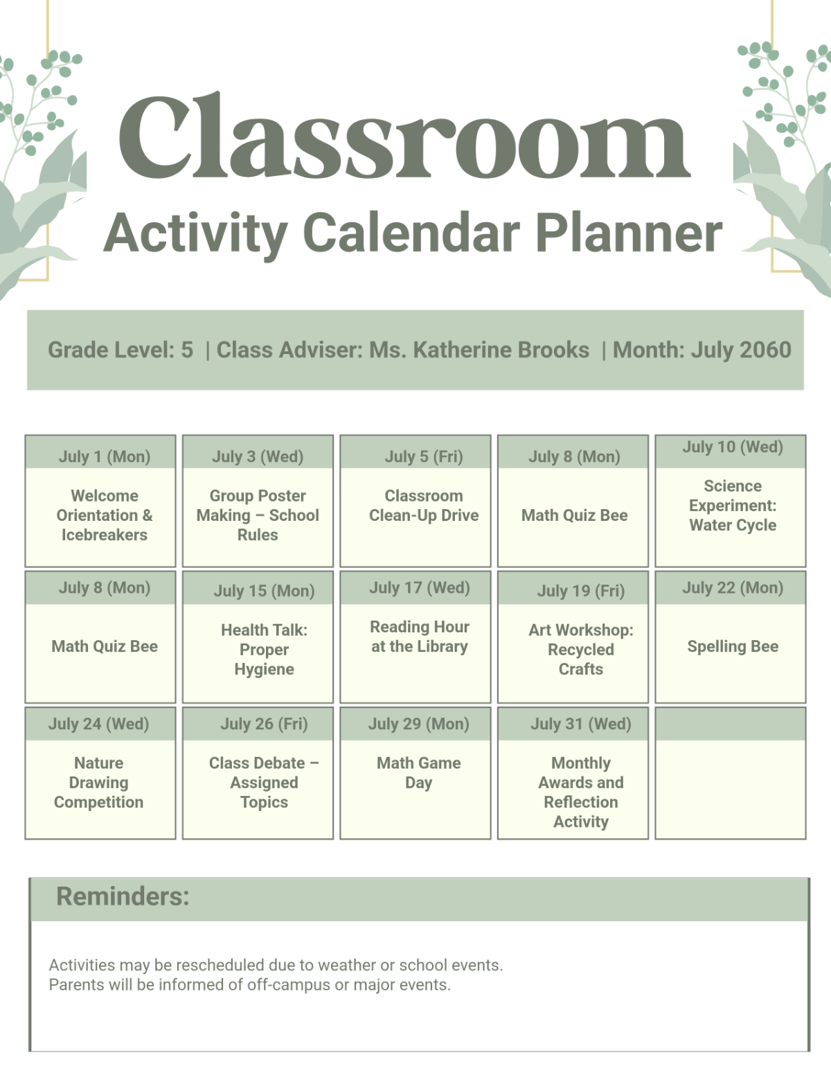 Free Classroom Activity Calendar Planner Template to Edit Online