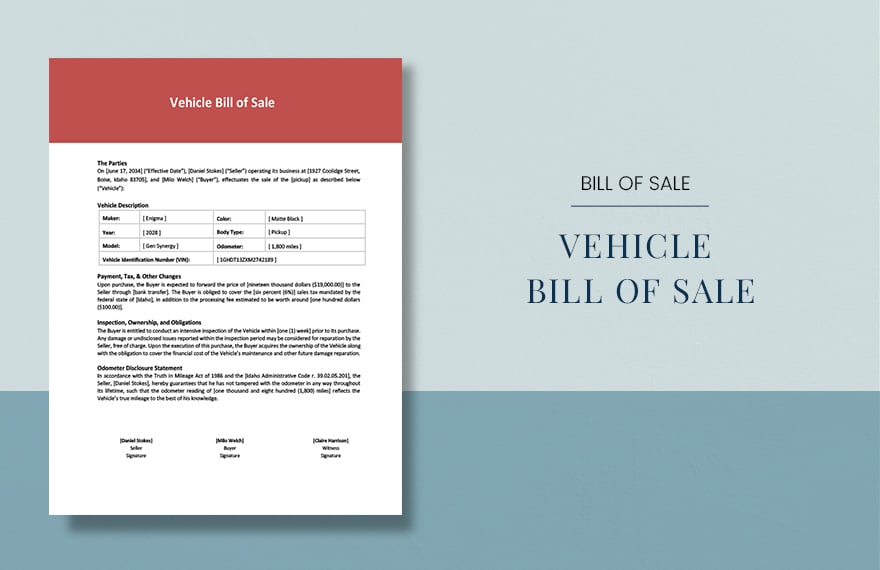 Vehicle Bill of Sale Template