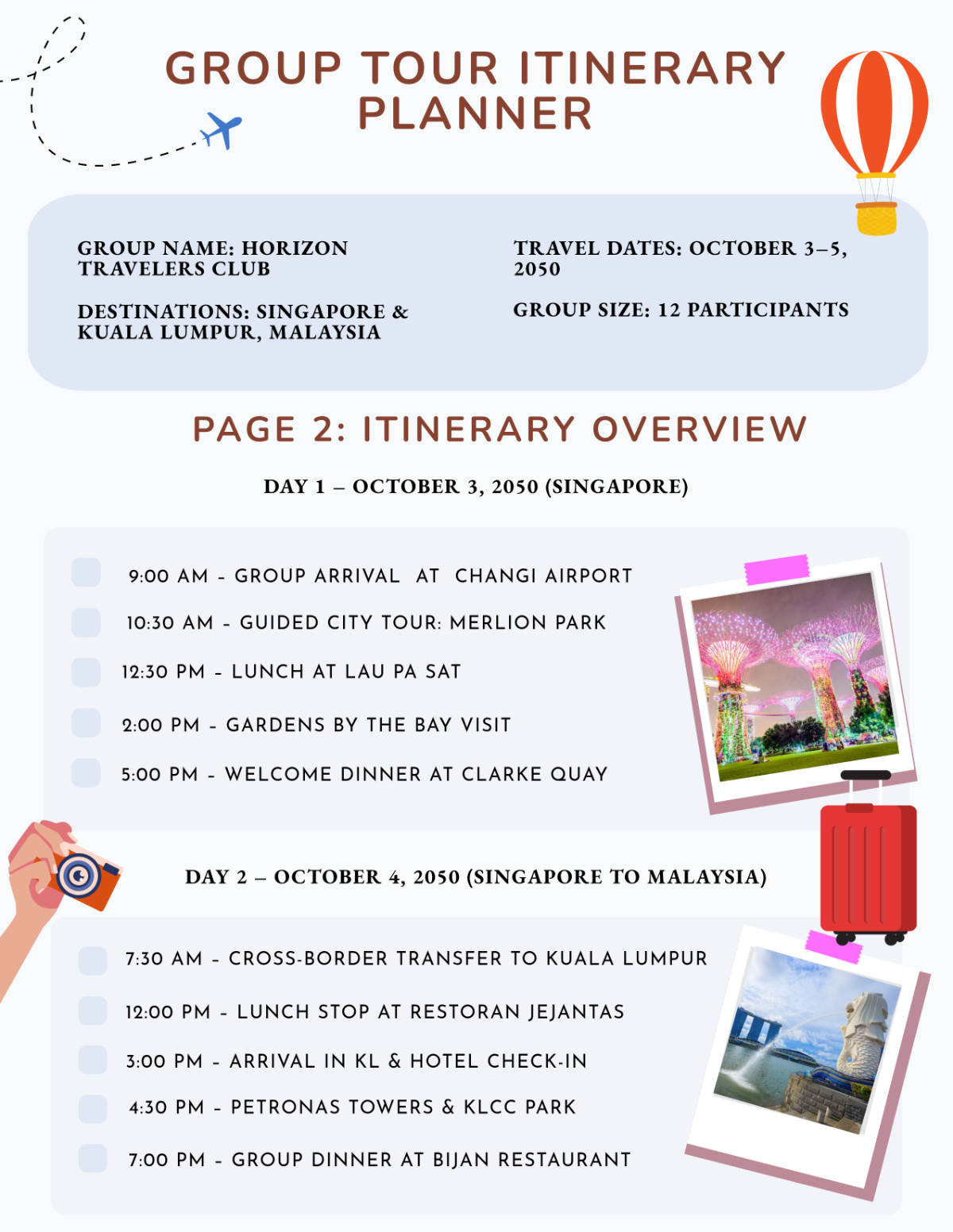 Free Group Tour Itinerary Planner Template to Edit Online