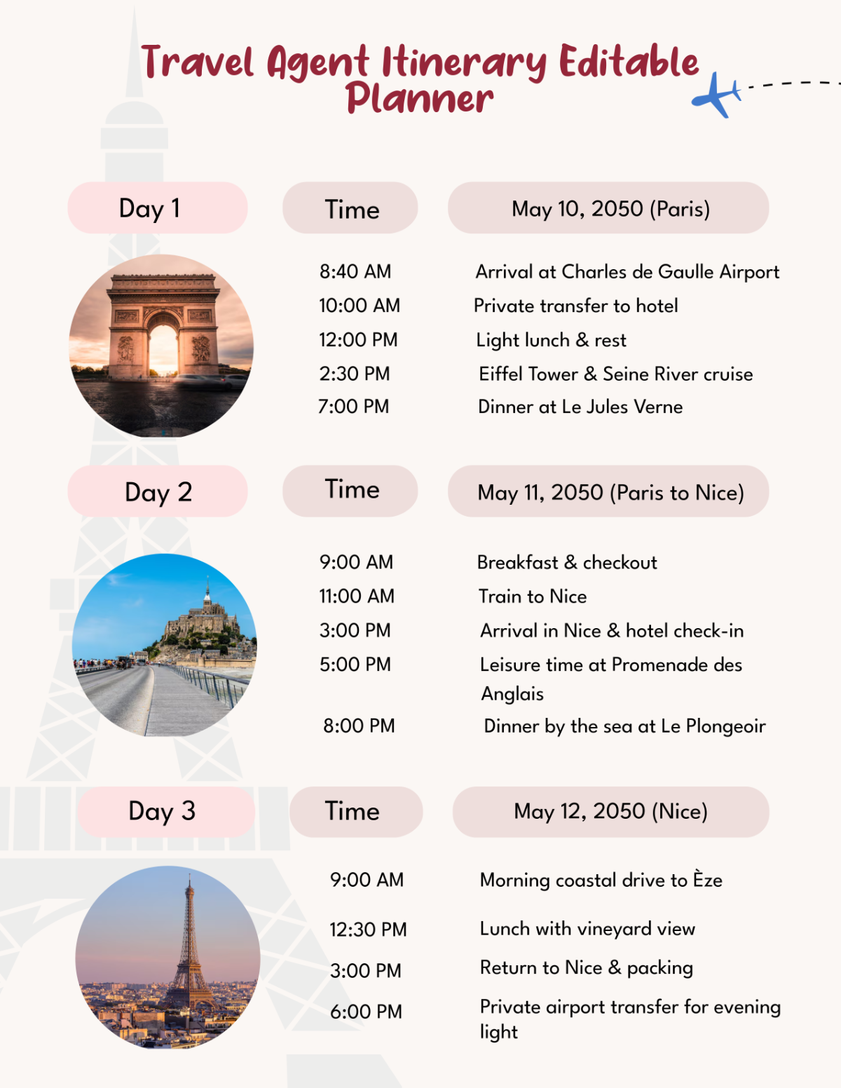 Free Travel Agent Itinerary Editable Planner Template to Edit Online
