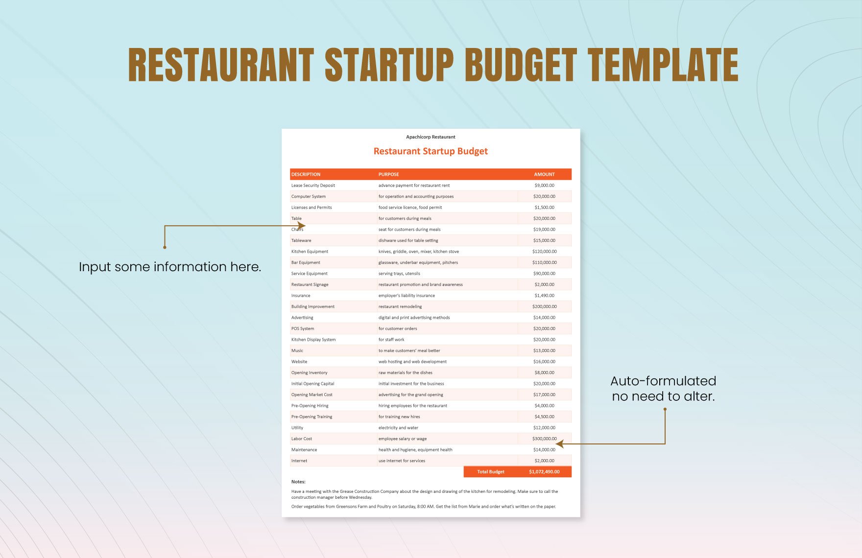 Restaurant Startup Budget Template