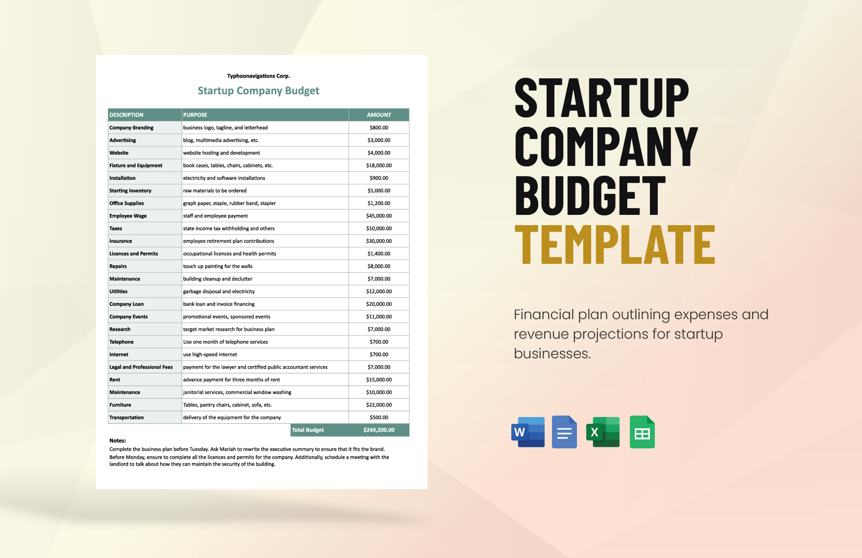 Startup Company Budget Template in Word, Google Docs, Excel, Google Sheets