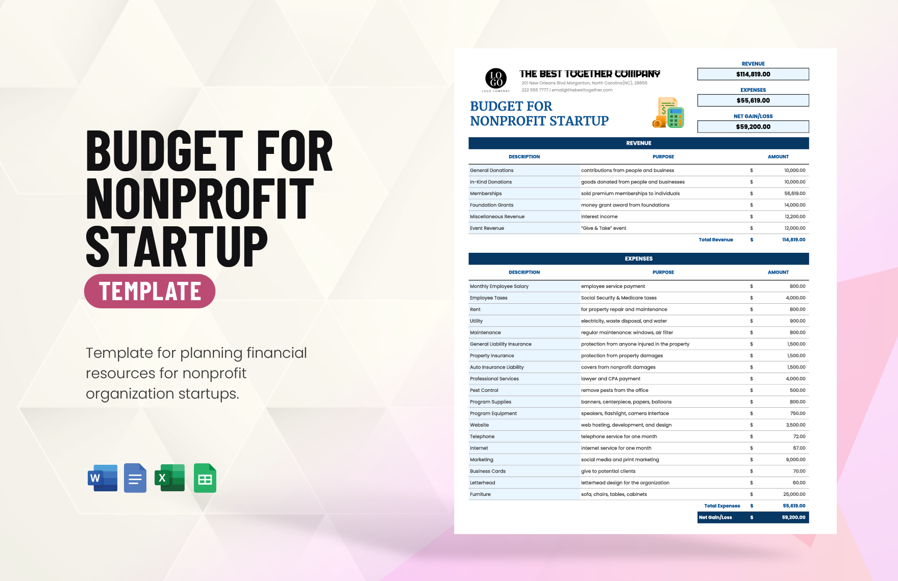 Budget for Nonprofit Startup Template in Word, Google Docs, Excel, Google Sheets