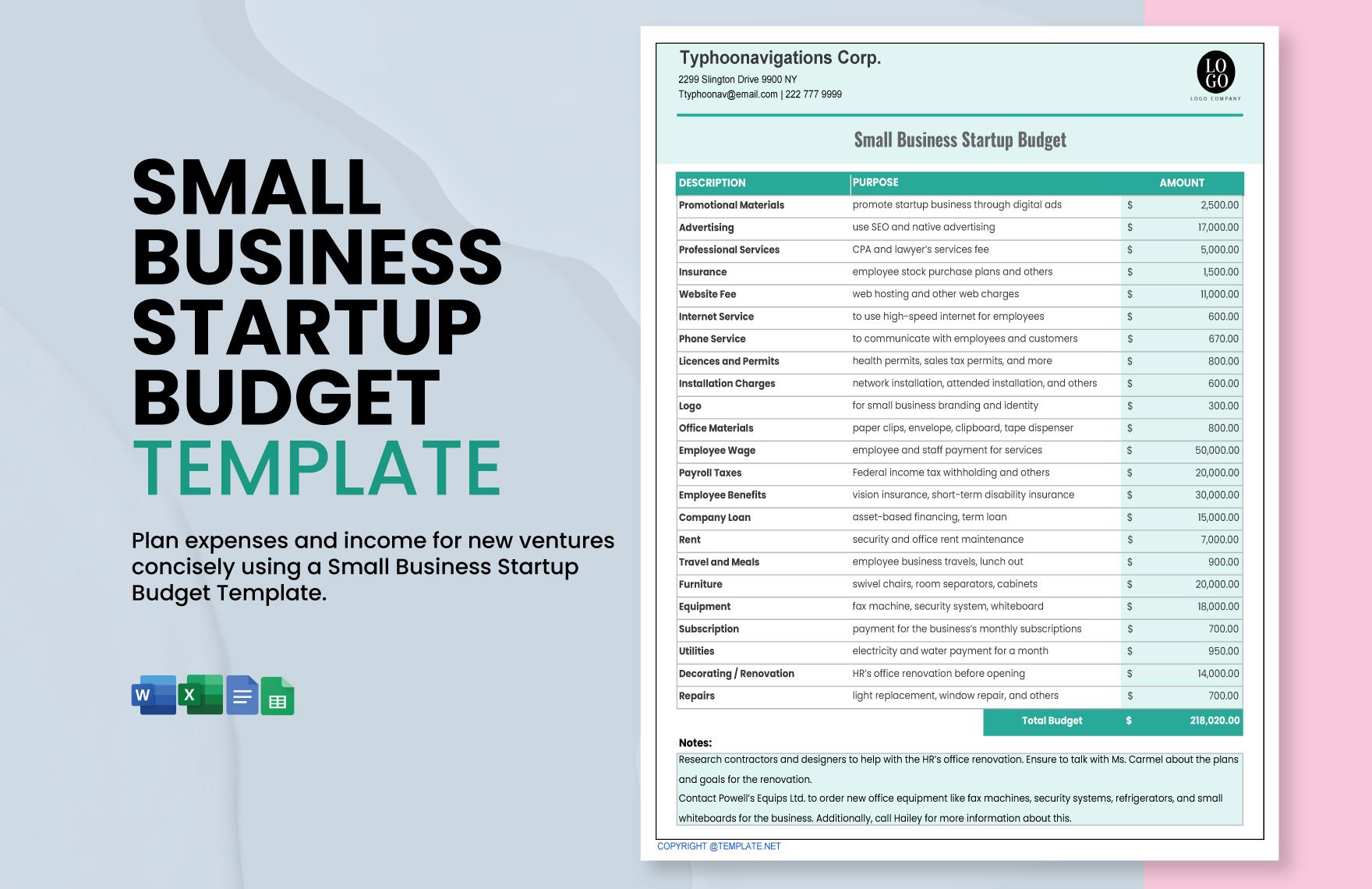 Small Business Startup Budget Template