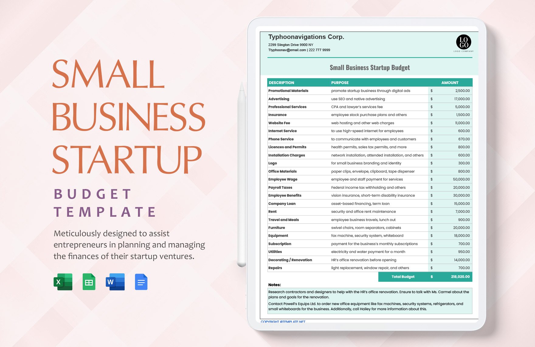 Small Business Startup Budget Template in Word, Google Docs, Excel, Google Sheets
