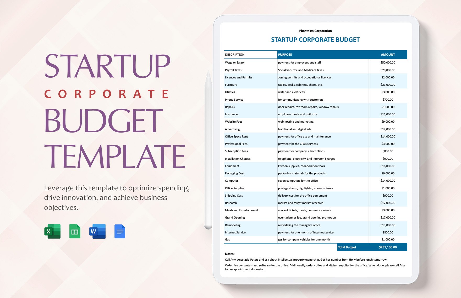 Startup Corporate Budget Template in Word, Google Docs, Excel, Google Sheets