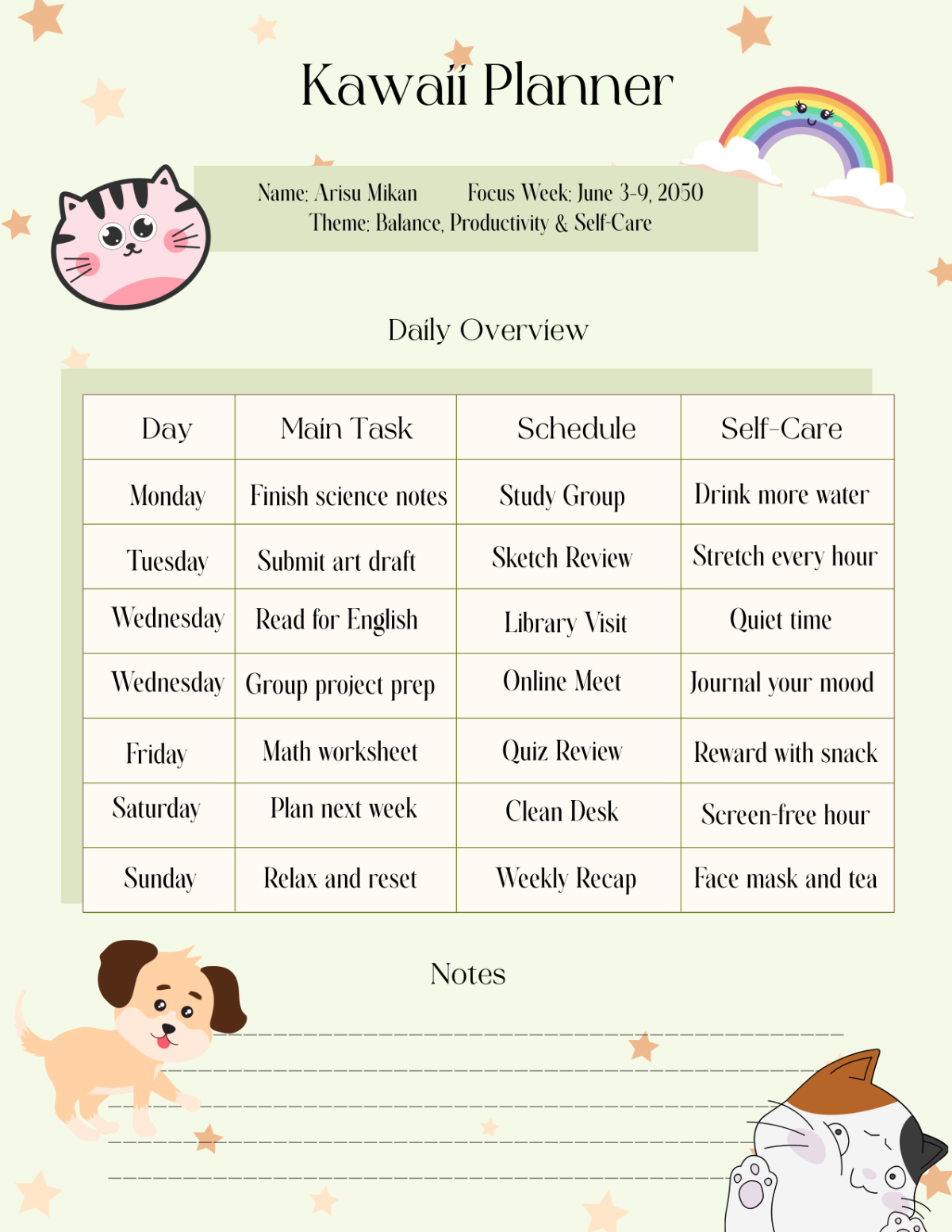 Free Kawaii Planner Template