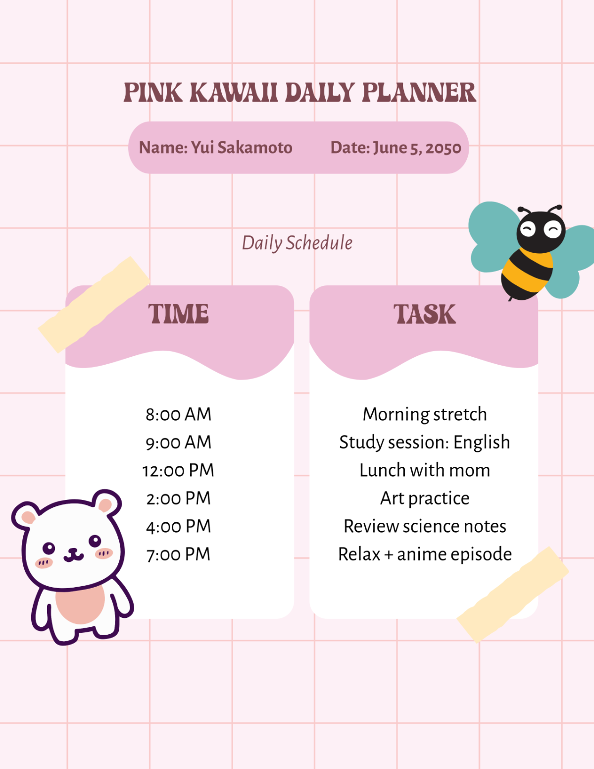 Free Pink Kawaii Daily Planner Template