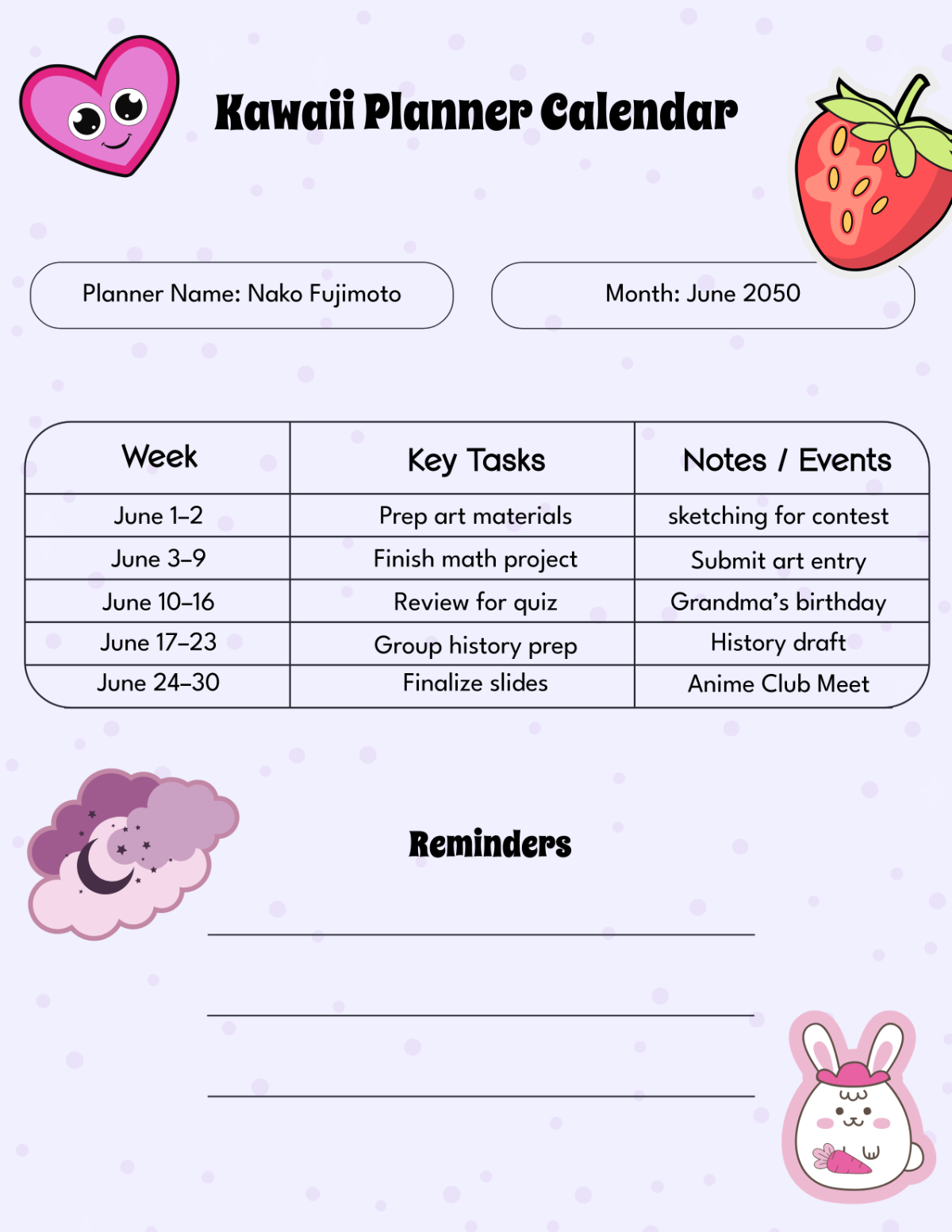 Free Kawaii Planner Calendar Template