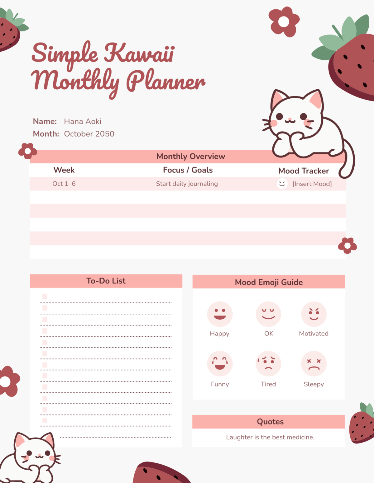 Free Simple Kawaii Monthly Planner Template