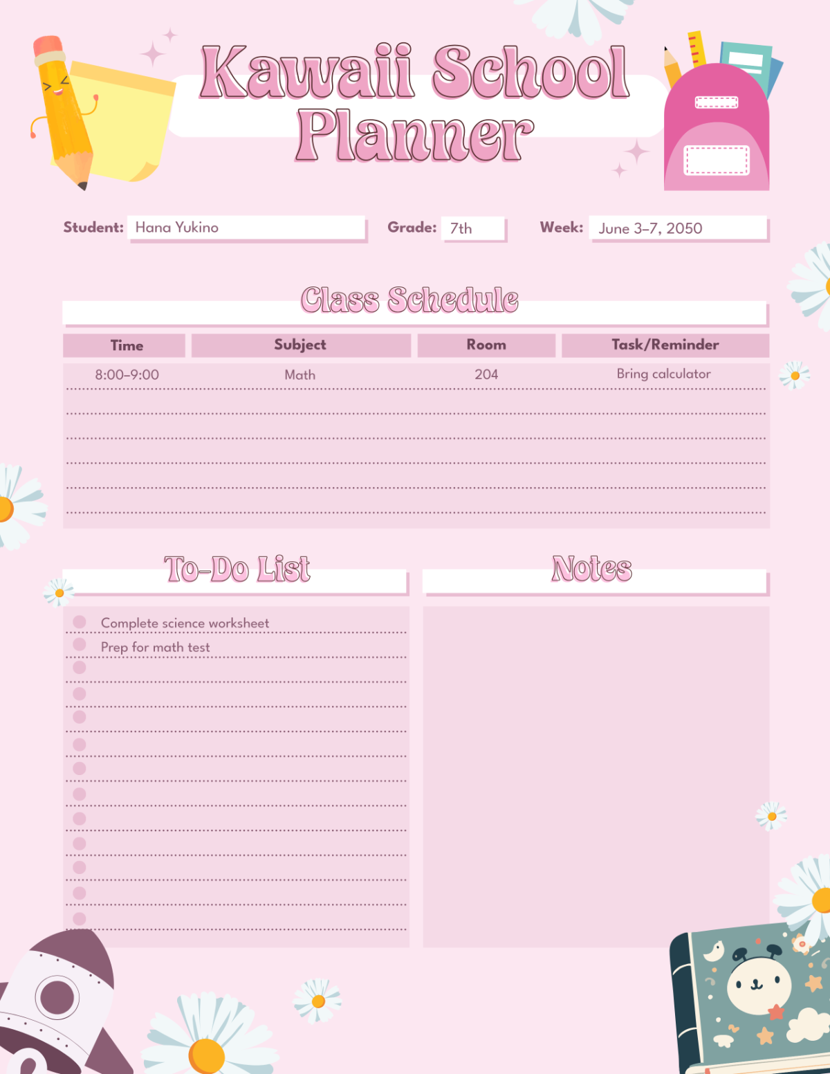 Free Kawaii School Planner Template